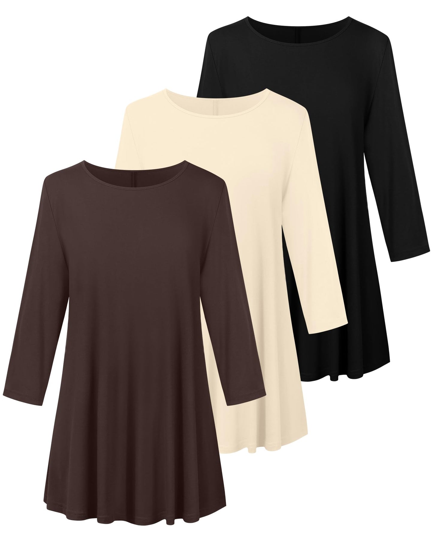 Evervibe 3 Pack Plus Size Tunic Tops for Curvy Women 3/4 Sleeve Shirts Loose Spring Casual Swing Flare Blouses with Leggings