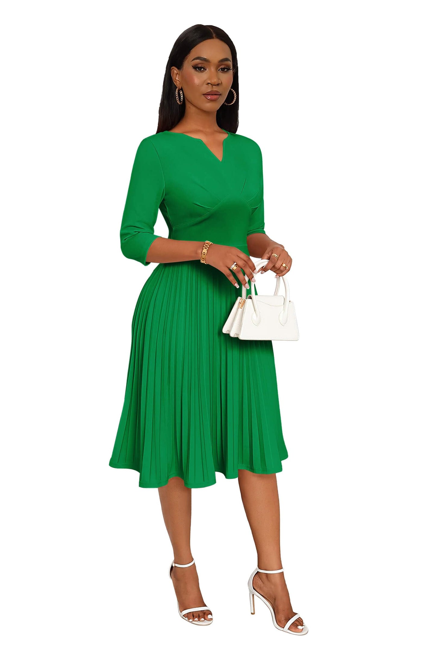 CLOCOR Midi Dresses for Women, 3/4 Sleeve A Line Pleated Casual Dress V Neck Church Cocktail Wedding Guest Dress