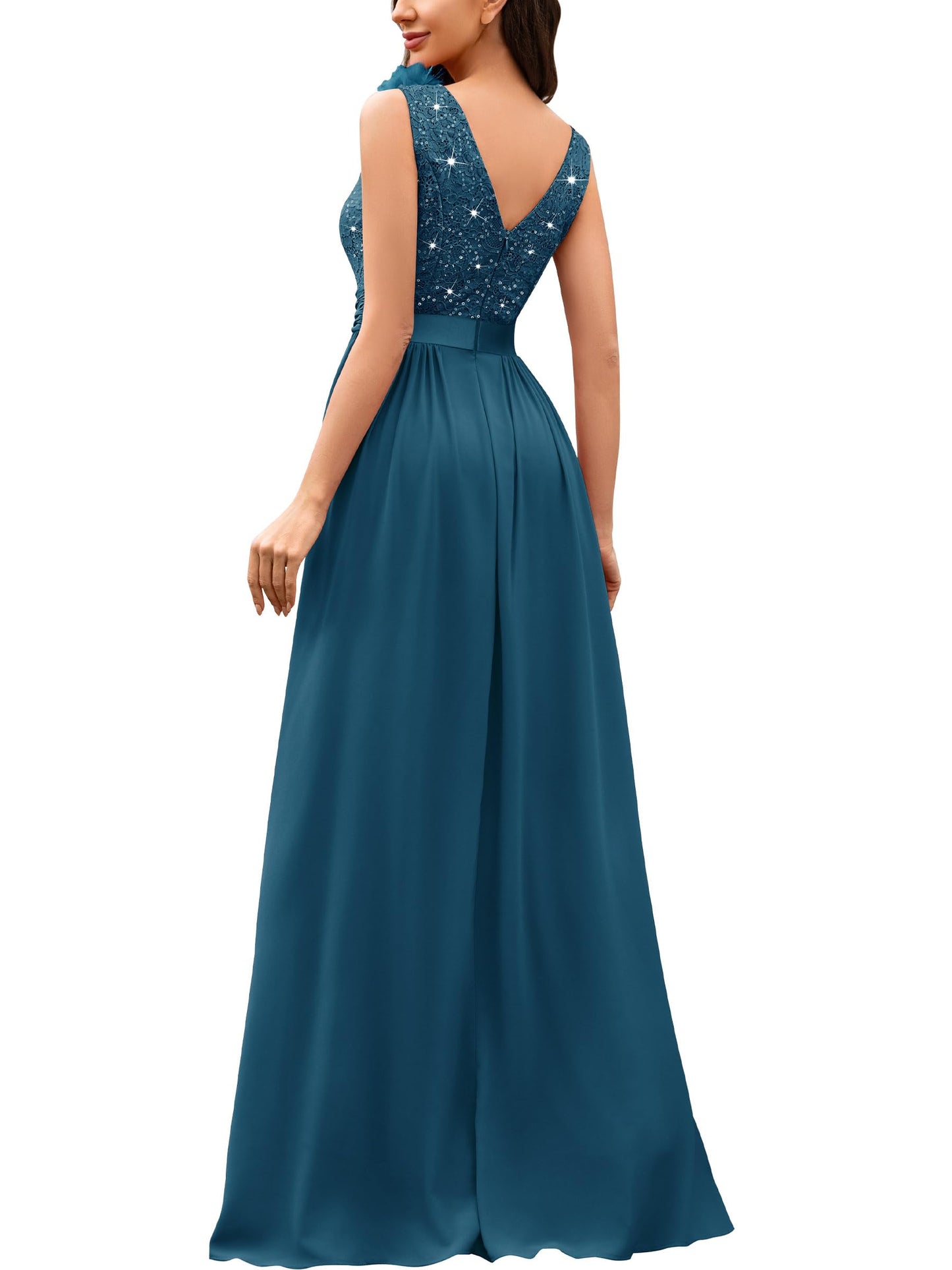 Miusol Women's Vintage V-Neck Sleeveless Sequined Split Formal Evening Maxi Dress