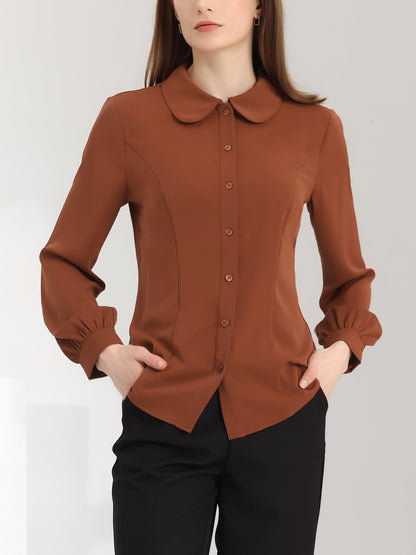 Allegra K Blusa de trabajo con cuello Peter Pan para mujer, estilo casual, de manga larga, con botones