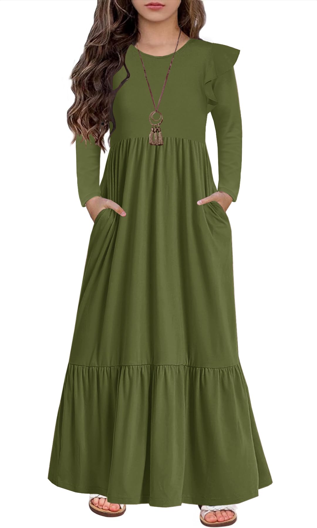 HOSIKA Girls Fall Ruffle Long Sleeve Crew Neck Loose Casual Flowy Tiered Maxi Dress with Pockets for 6-12 Y