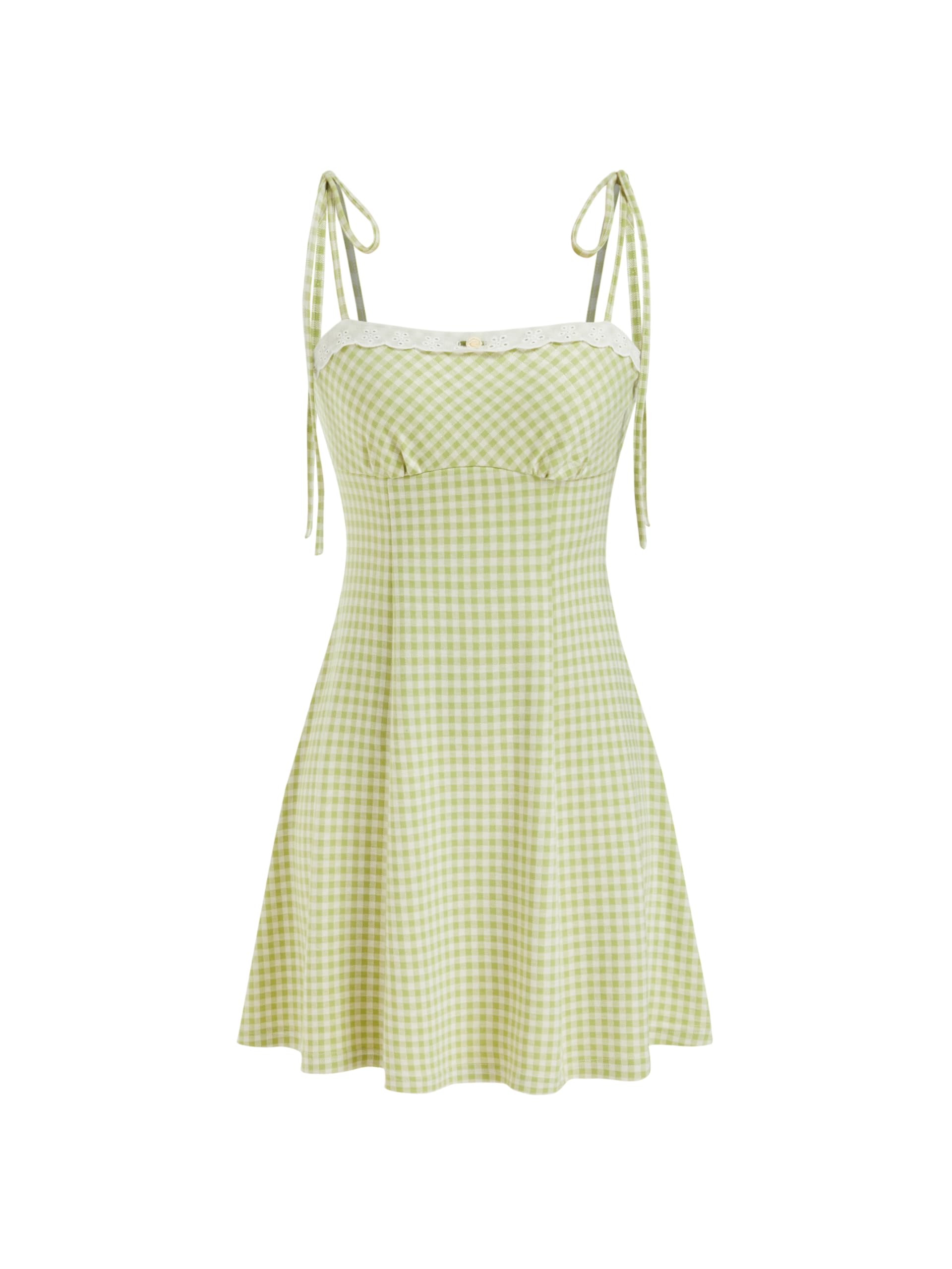 CIDER Womens Summer Gingham Dress Plaid Tie Spaghetti Strap Sleeveless Lace Trim Cute A Line Casual Mini Dresses Sundress