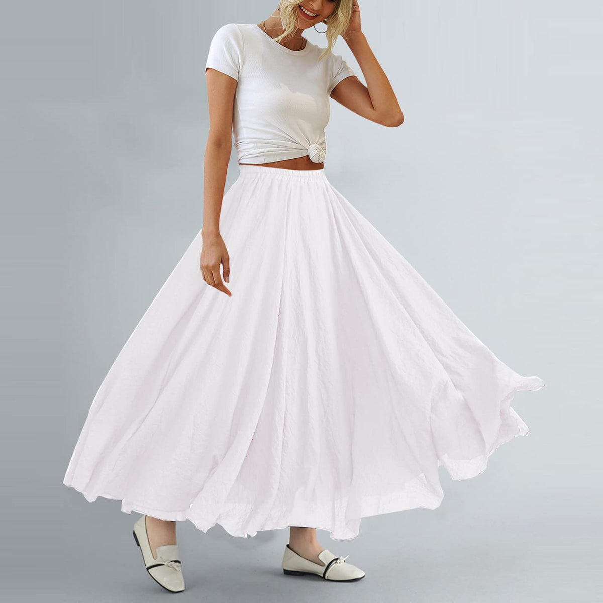 Women Bohemian Style Elastic Waist Band Cotton Linen Long Maxi Skirt Dress