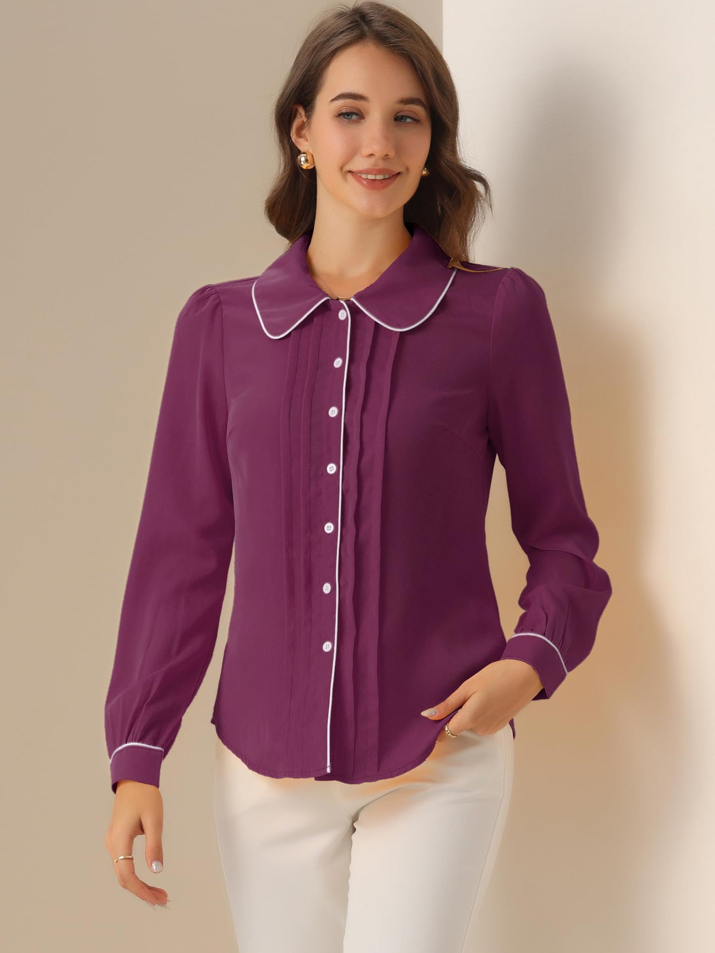 Allegra K Women's Peter Pan Collar Shirt Long Sleeve Elegant Button Down Work Blouse