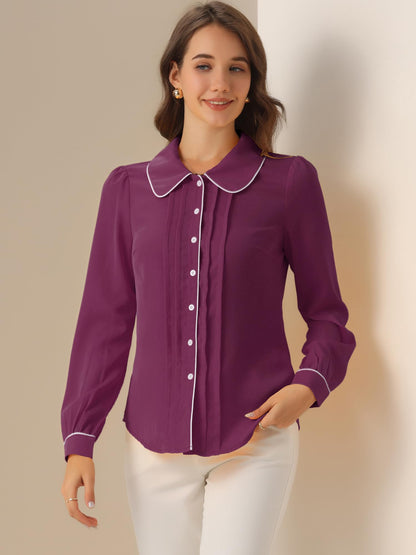 Allegra K Women's Peter Pan Collar Shirt Long Sleeve Elegant Button Down Work Blouse