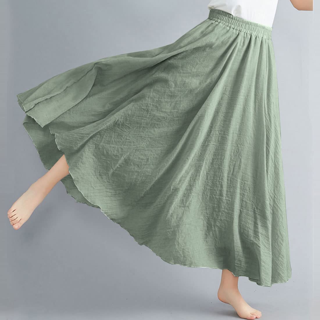 Women Bohemian Style Elastic Waist Band Cotton Linen Long Maxi Skirt Dress