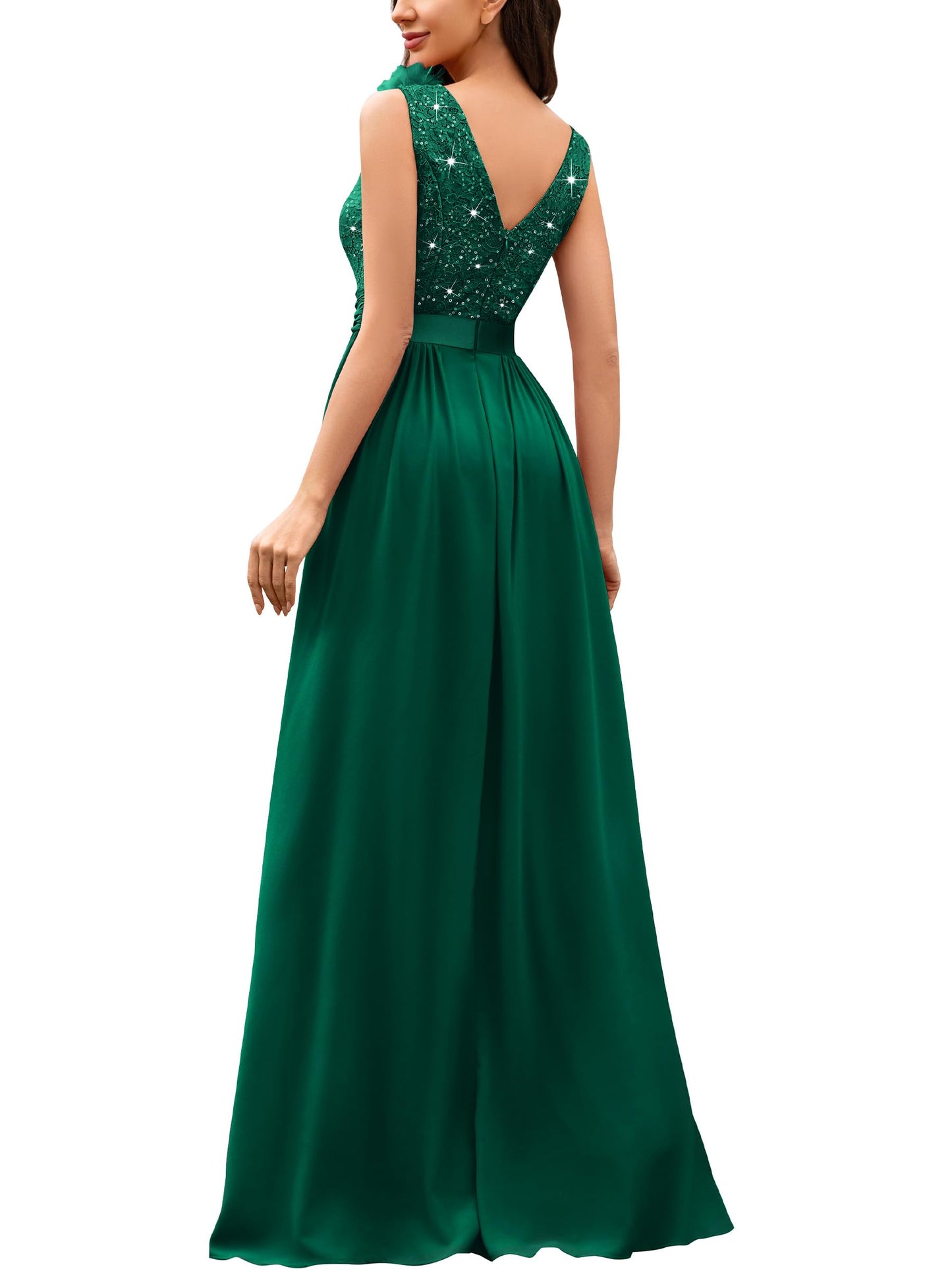 Miusol Women's Vintage V-Neck Sleeveless Sequined Split Formal Evening Maxi Dress