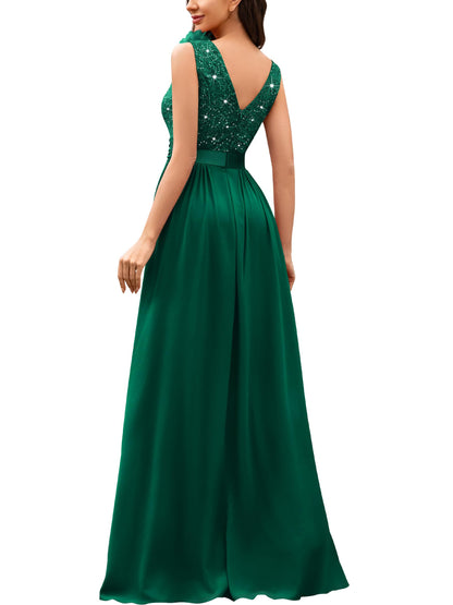 Miusol Women's Vintage V-Neck Sleeveless Sequined Split Formal Evening Maxi Dress