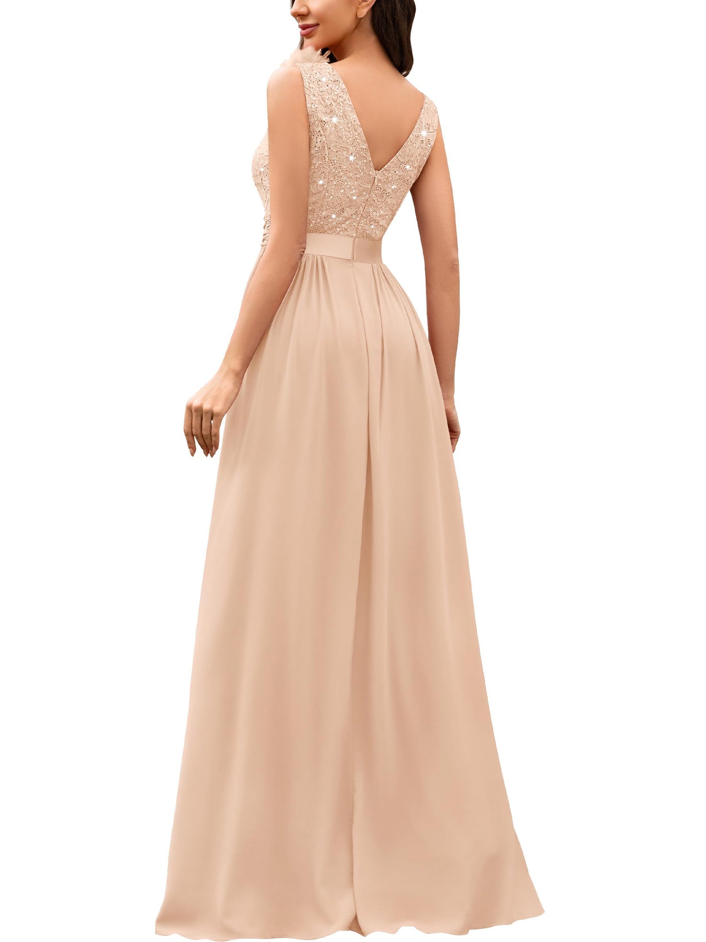 Miusol Women's Vintage V-Neck Sleeveless Sequined Split Formal Evening Maxi Dress