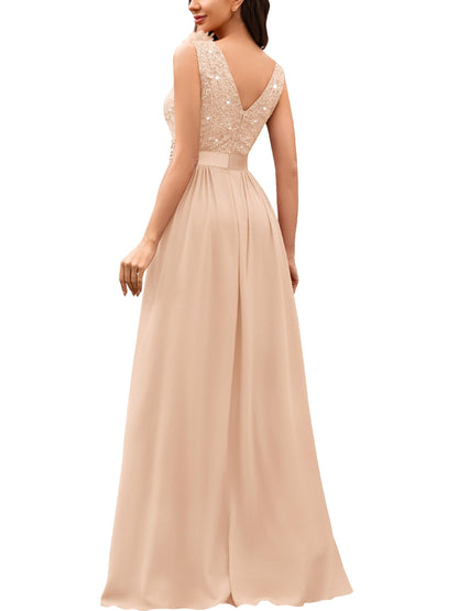 Miusol Women's Vintage V-Neck Sleeveless Sequined Split Formal Evening Maxi Dress