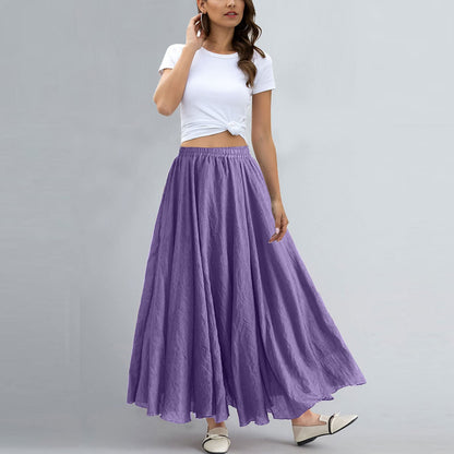 Women Bohemian Style Elastic Waist Band Cotton Linen Long Maxi Skirt Dress