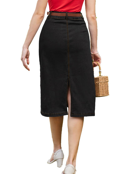 Belle Poque Black Jean Skirt for Women Vintage Below Knee Long Black Denim Skirt Belt M