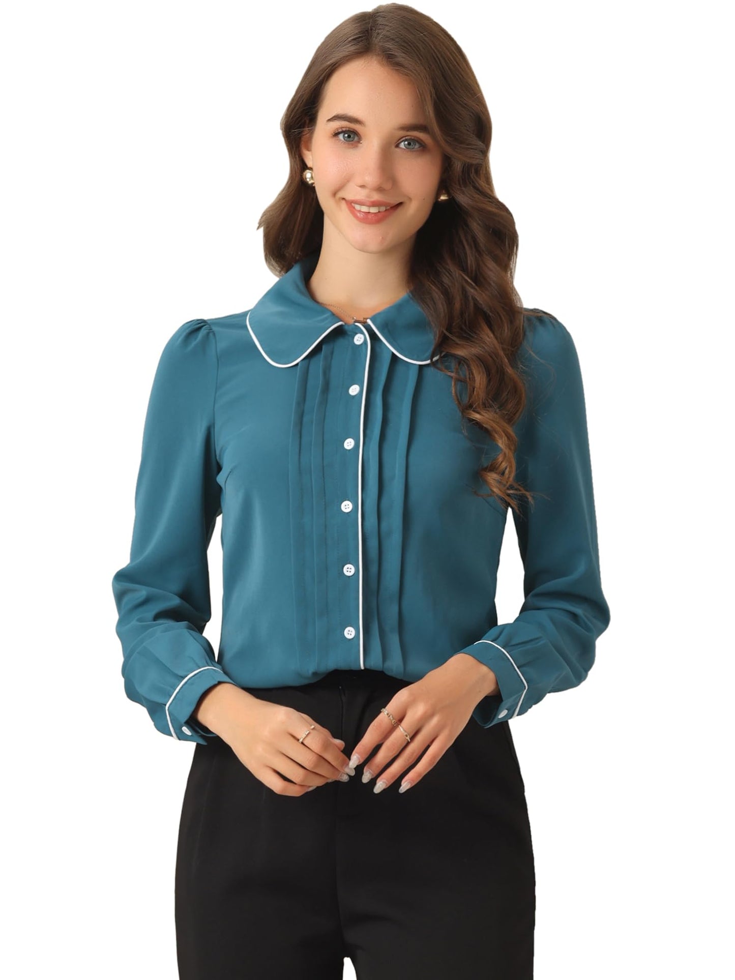 Allegra K Women's Peter Pan Collar Shirt Long Sleeve Elegant Button Down Work Blouse