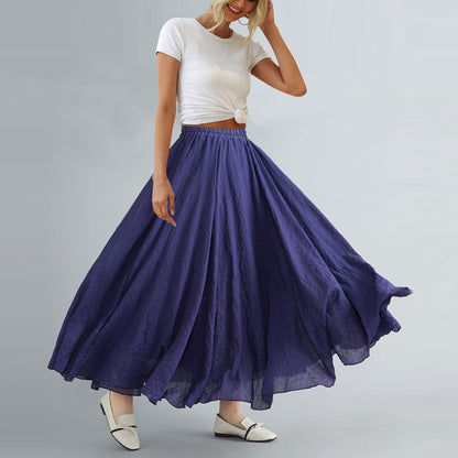 Women Bohemian Style Elastic Waist Band Cotton Linen Long Maxi Skirt Dress