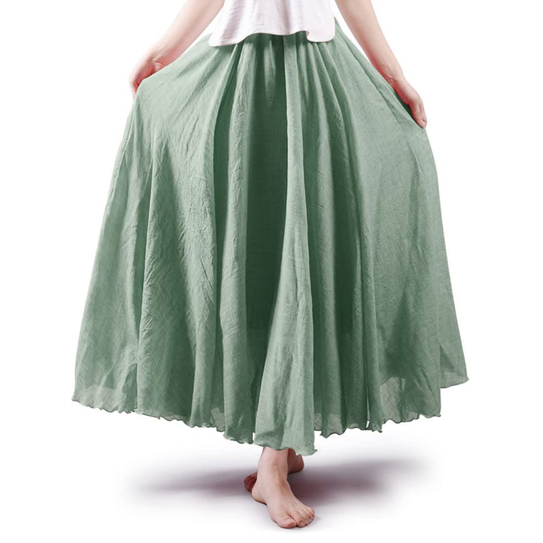 Women Bohemian Style Elastic Waist Band Cotton Linen Long Maxi Skirt Dress