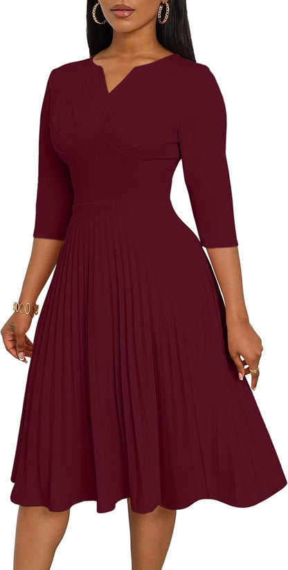 CLOCOR Midi Dresses for Women, 3/4 Sleeve A Line Pleated Casual Dress V Neck Church Cocktail Wedding Guest Dress