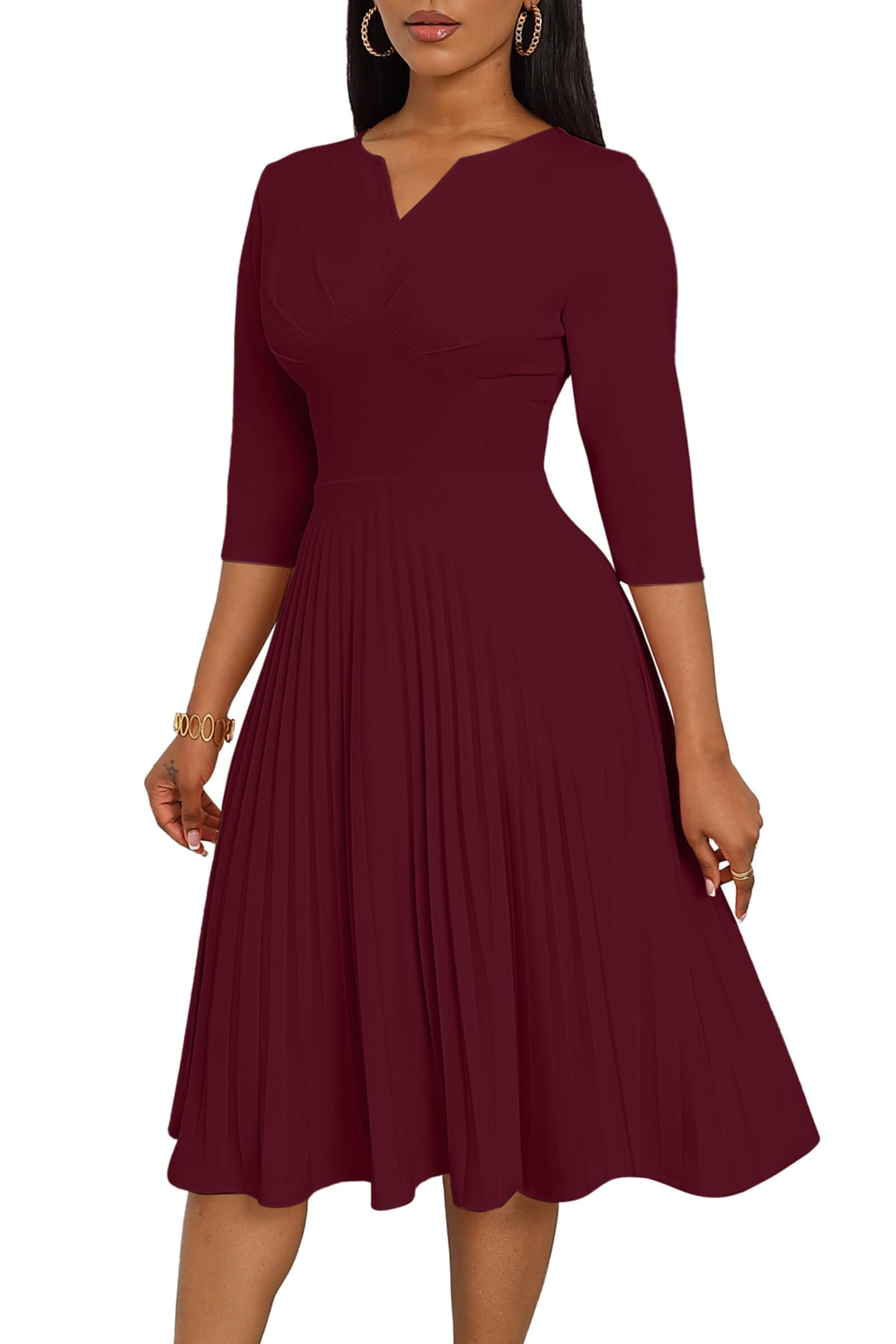 CLOCOR Midi Dresses for Women, 3/4 Sleeve A Line Pleated Casual Dress V Neck Church Cocktail Wedding Guest Dress