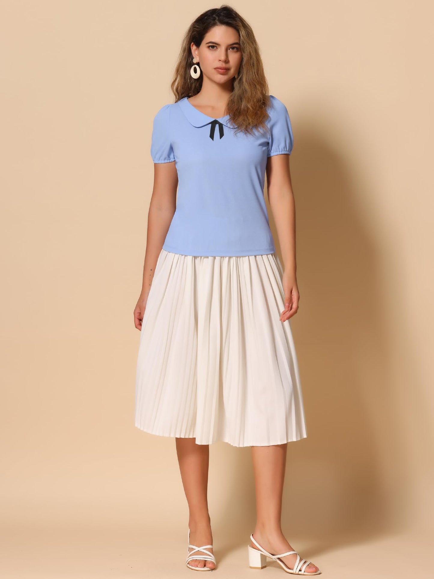 Allegra K Women's Peter Pan Collar Shirt Vintage 1950s Solid Short Sleeve Blouse
