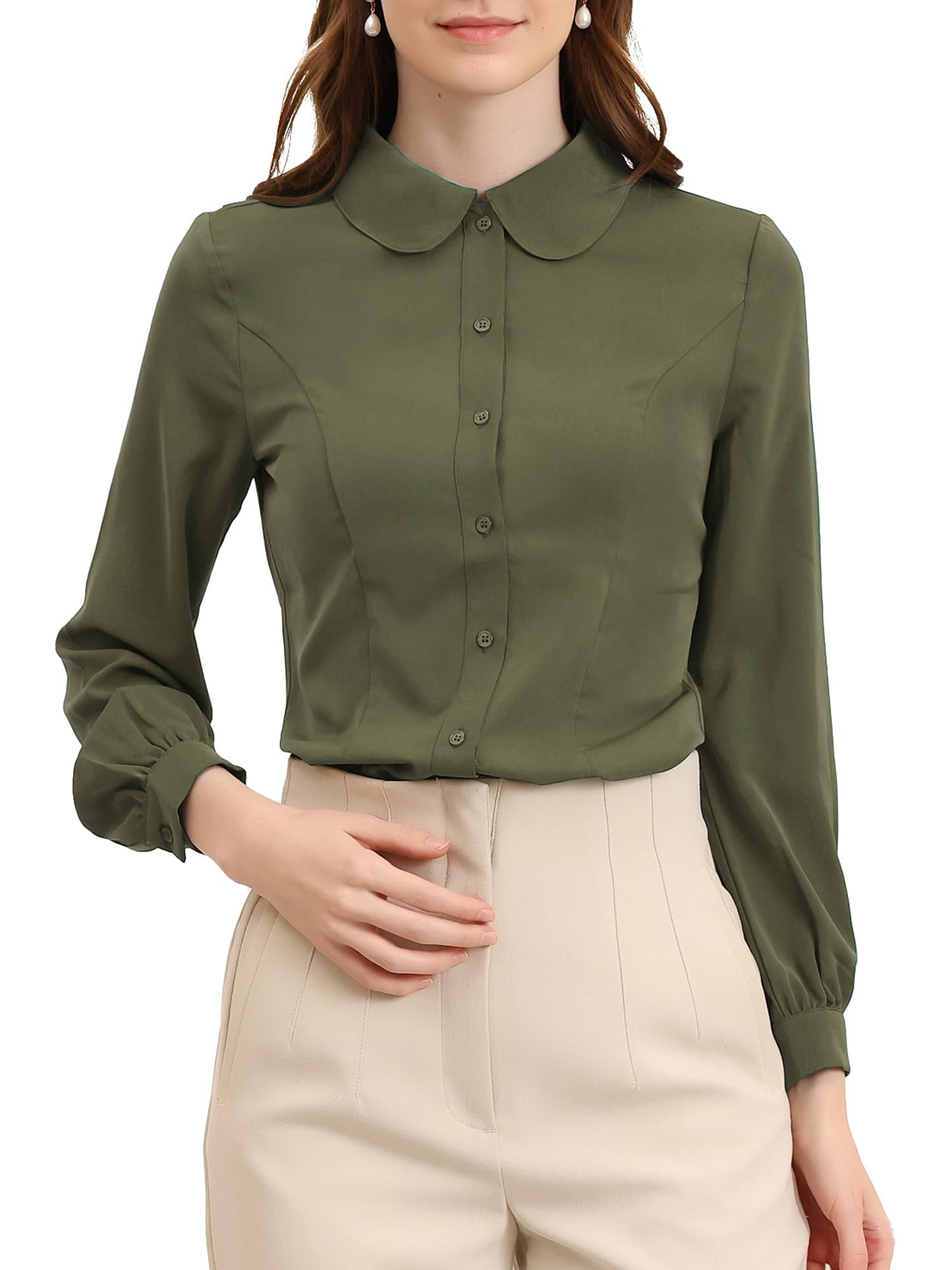 Allegra K Blusa de trabajo con cuello Peter Pan para mujer, estilo casual, de manga larga, con botones