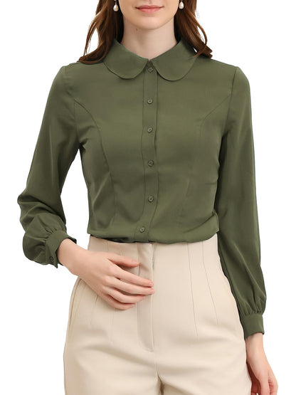 Allegra K Blusa de trabajo con cuello Peter Pan para mujer, estilo casual, de manga larga, con botones