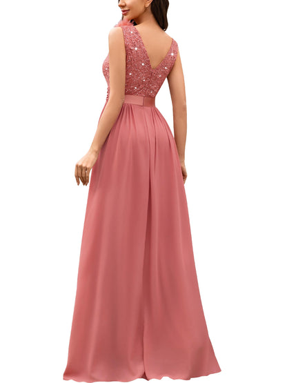 Miusol Women's Vintage V-Neck Sleeveless Sequined Split Formal Evening Maxi Dress