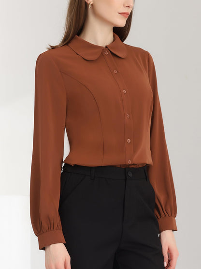 Allegra K Blusa de trabajo con cuello Peter Pan para mujer, estilo casual, de manga larga, con botones