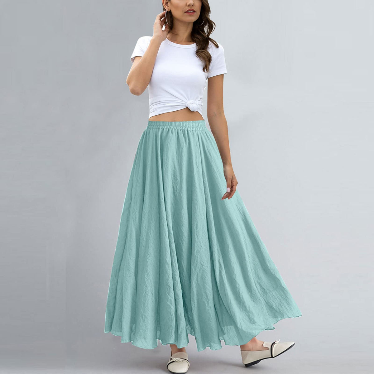 Women Bohemian Style Elastic Waist Band Cotton Linen Long Maxi Skirt Dress