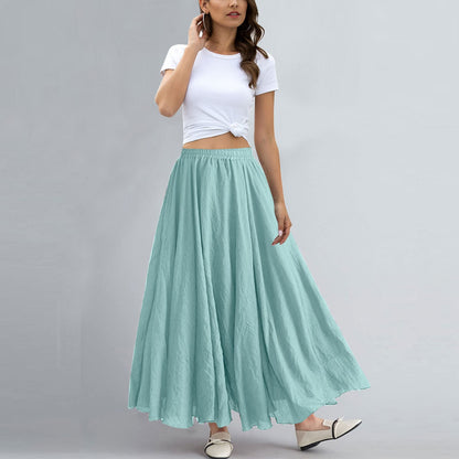Women Bohemian Style Elastic Waist Band Cotton Linen Long Maxi Skirt Dress