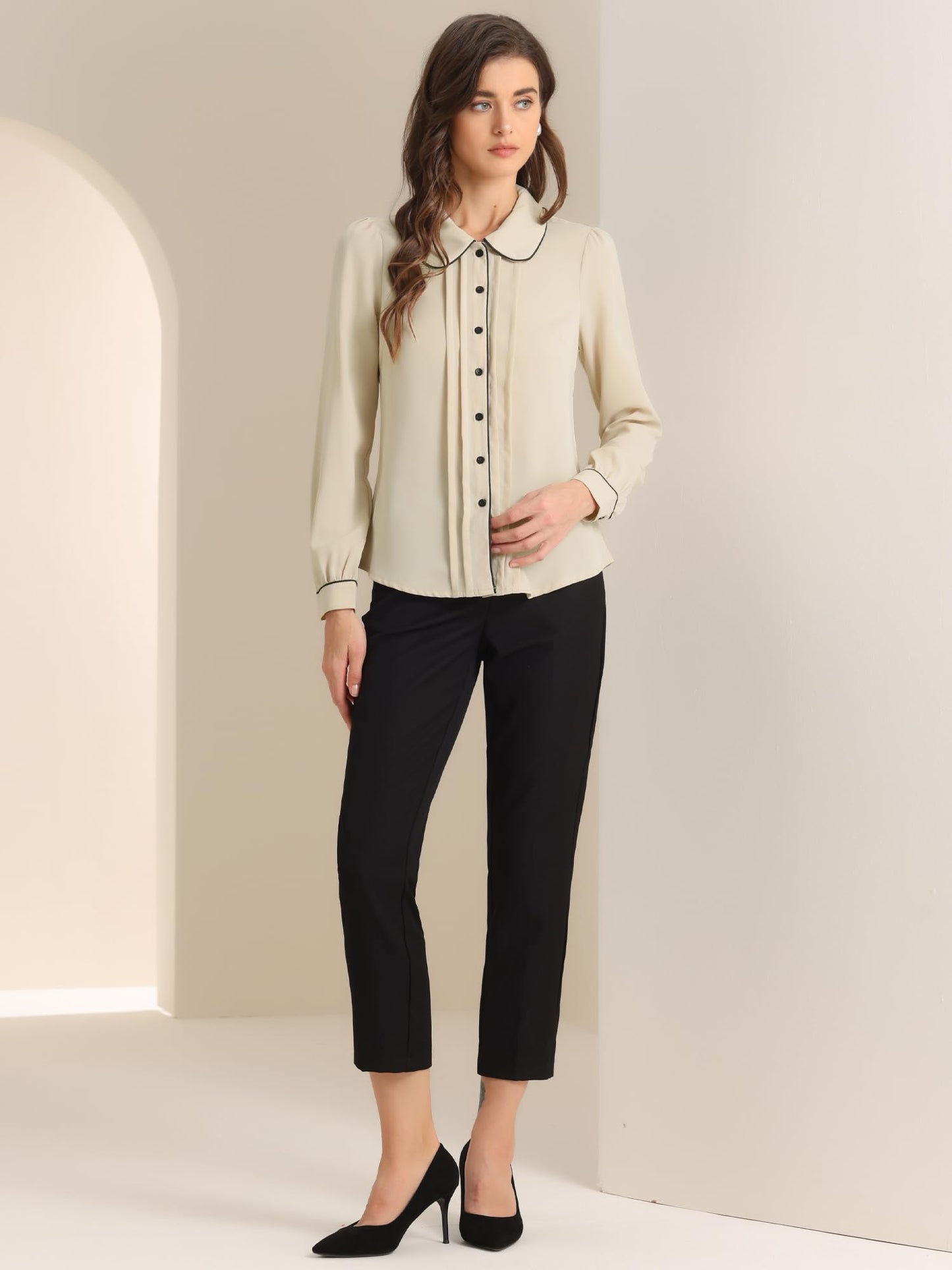 Allegra K Women's Peter Pan Collar Shirt Long Sleeve Elegant Button Down Work Blouse