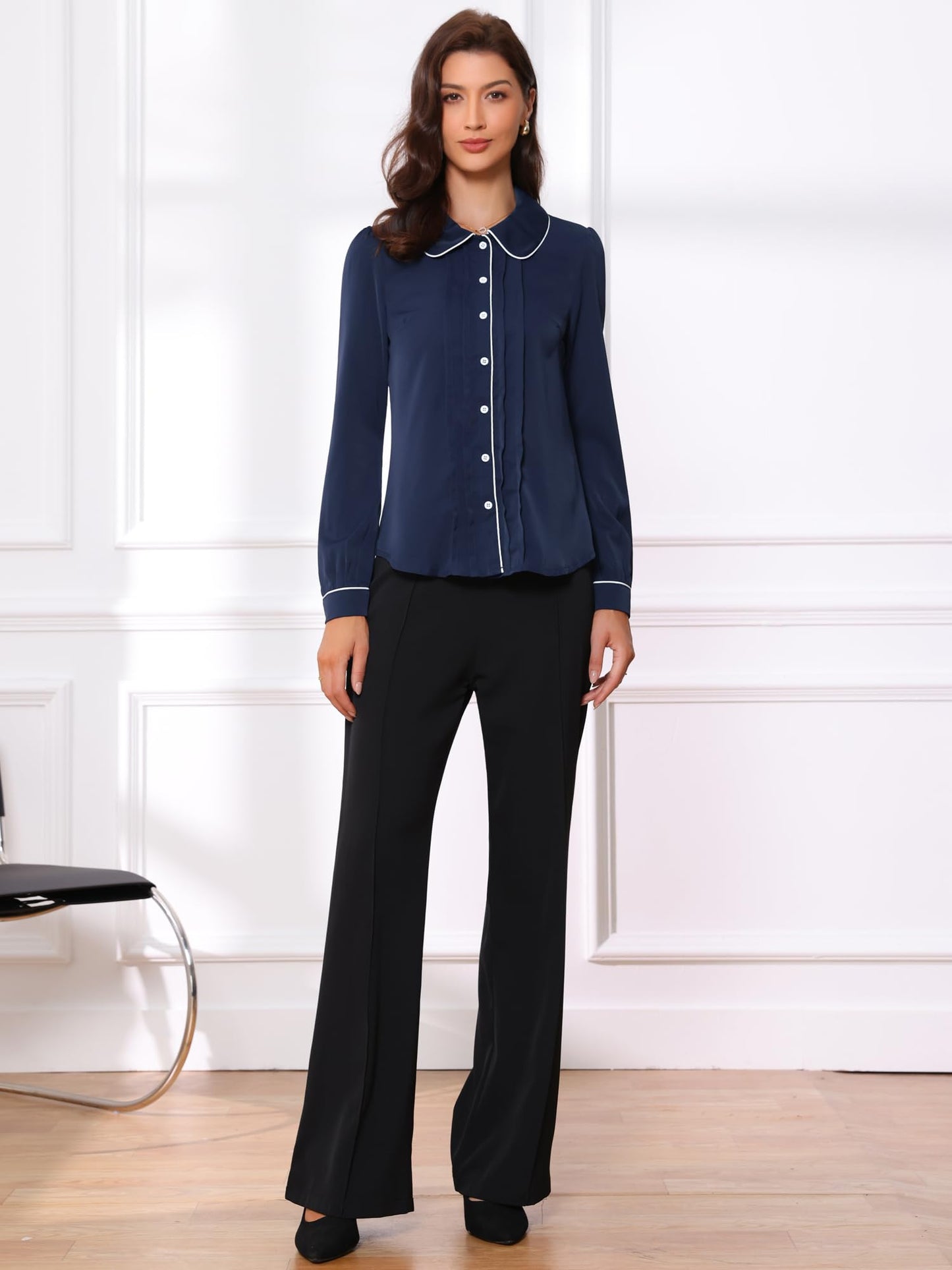 Allegra K Women's Peter Pan Collar Shirt Long Sleeve Elegant Button Down Work Blouse