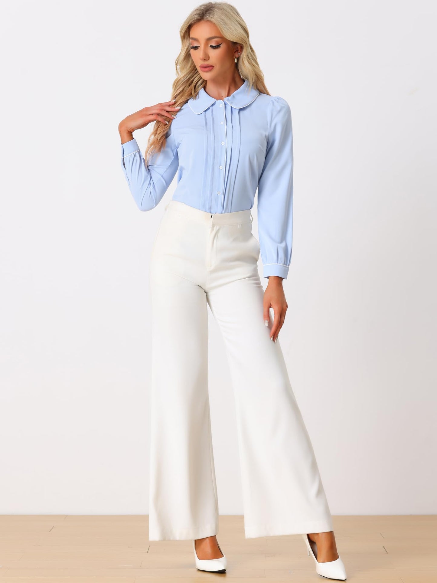 Allegra K Women's Peter Pan Collar Shirt Long Sleeve Elegant Button Down Work Blouse