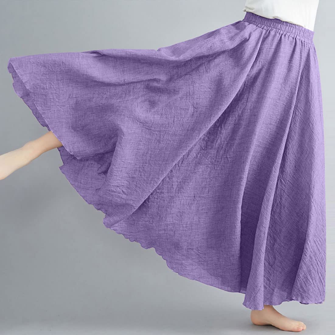 Women Bohemian Style Elastic Waist Band Cotton Linen Long Maxi Skirt Dress