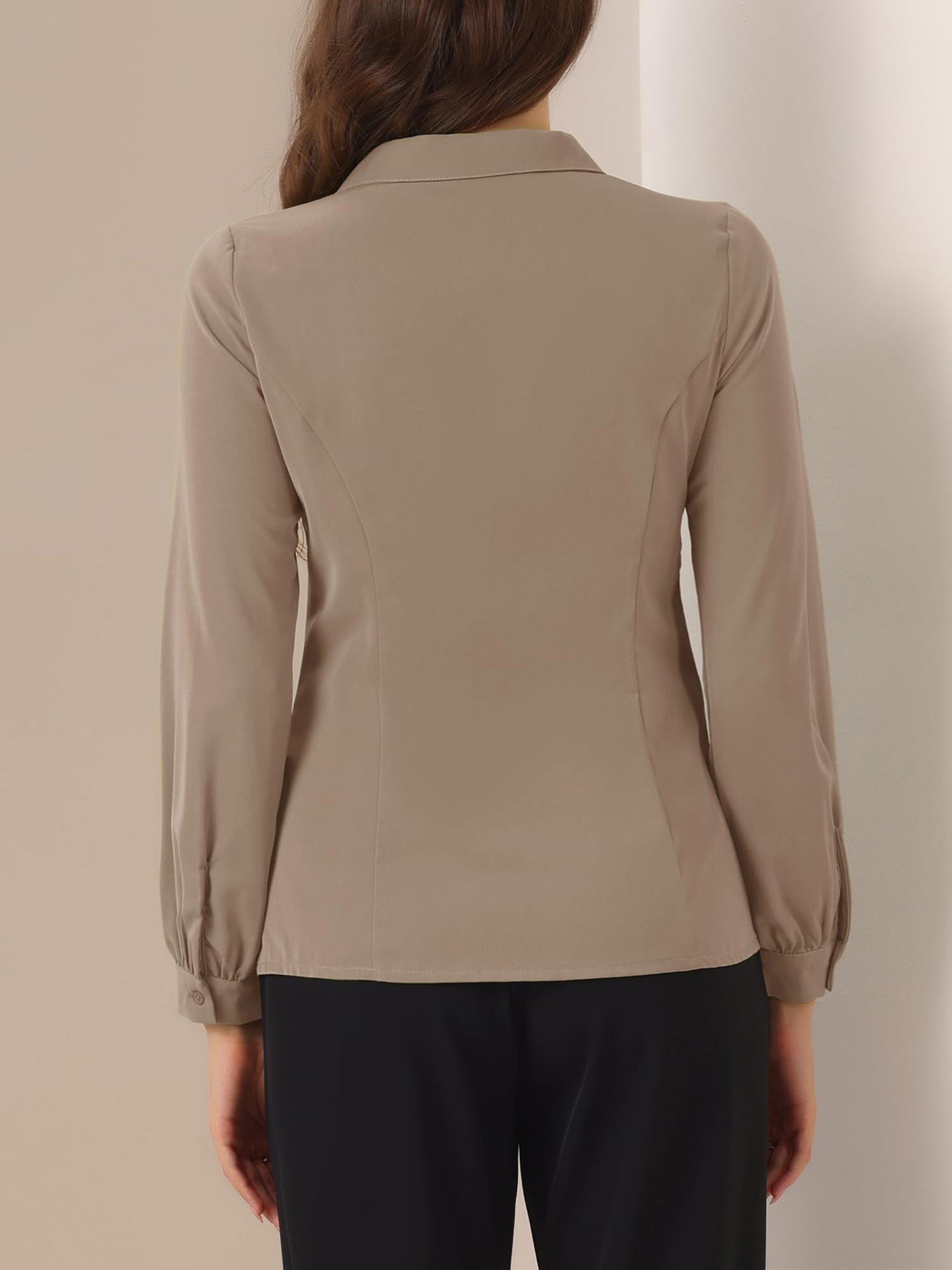 Allegra K Blusa de trabajo con cuello Peter Pan para mujer, estilo casual, de manga larga, con botones