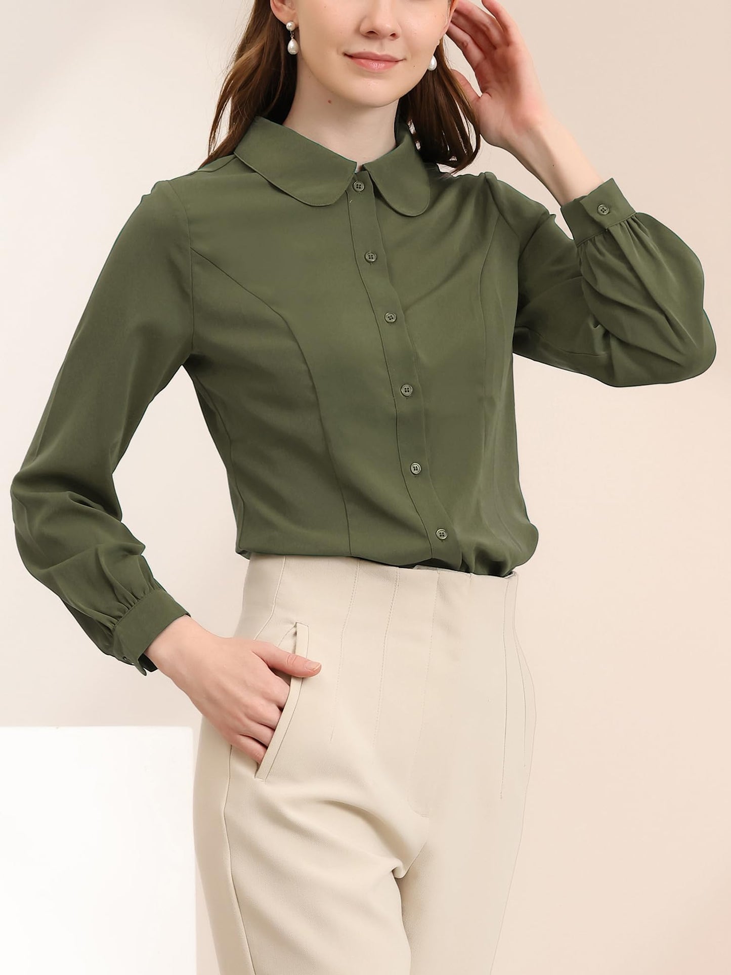 Allegra K Blusa de trabajo con cuello Peter Pan para mujer, estilo casual, de manga larga, con botones