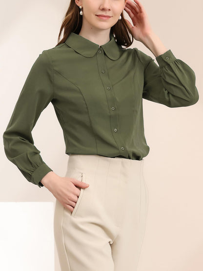 Allegra K Blusa de trabajo con cuello Peter Pan para mujer, estilo casual, de manga larga, con botones