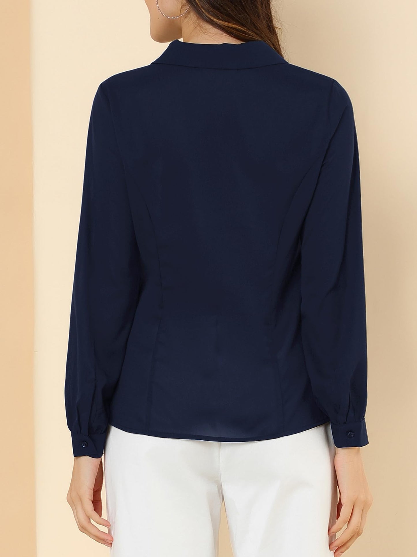 Allegra K Blusa de trabajo con cuello Peter Pan para mujer, estilo casual, de manga larga, con botones