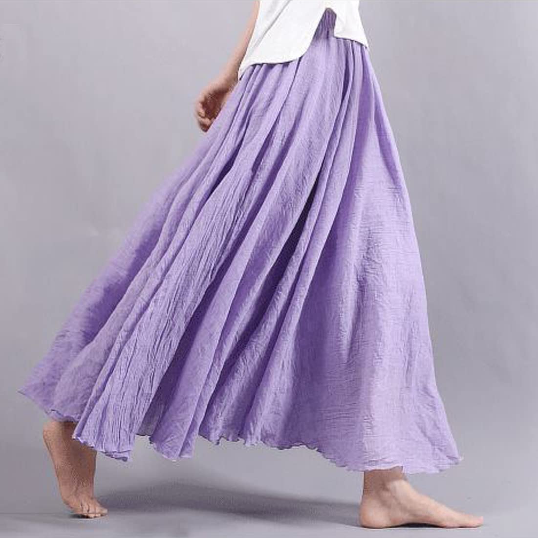 Women Bohemian Style Elastic Waist Band Cotton Linen Long Maxi Skirt Dress