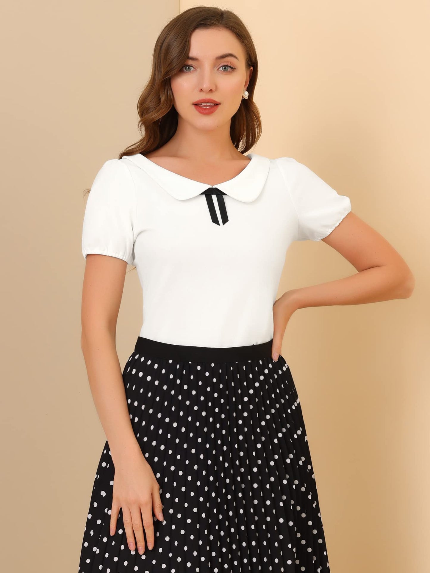 Allegra K Women's Peter Pan Collar Shirt Vintage 1950s Solid Short Sleeve Blouse