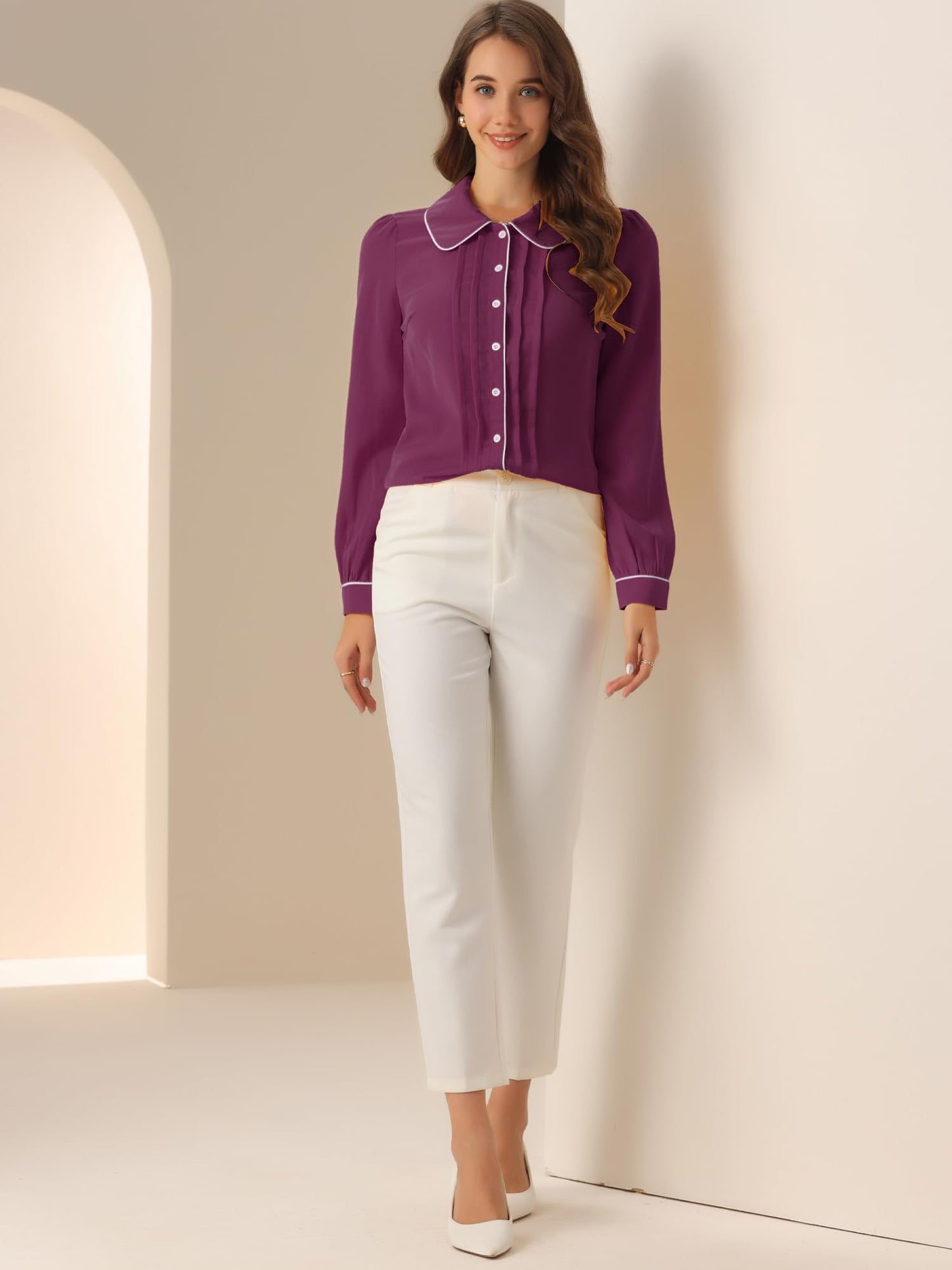 Allegra K Women's Peter Pan Collar Shirt Long Sleeve Elegant Button Down Work Blouse