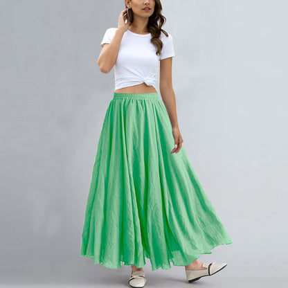Women Bohemian Style Elastic Waist Band Cotton Linen Long Maxi Skirt Dress
