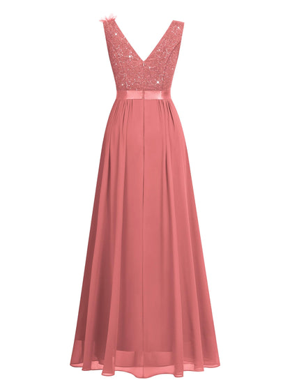 Miusol Women's Vintage V-Neck Sleeveless Sequined Split Formal Evening Maxi Dress