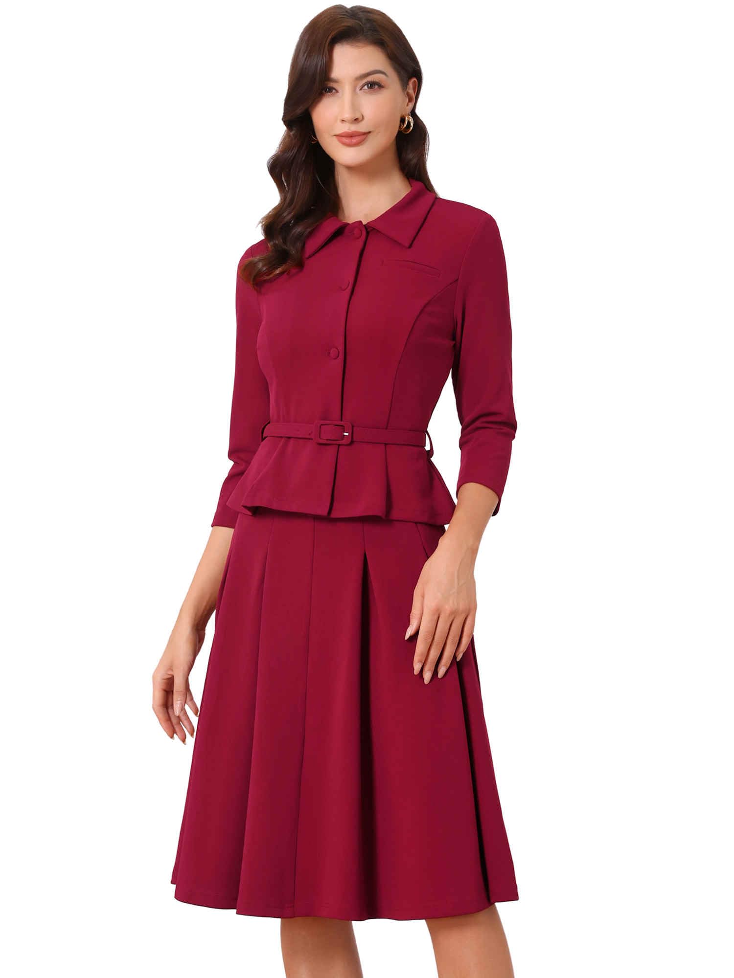 Allegra K Business Skirt Suit Sets for Women's 2 Piece Outfits Office 3/4 Sleeve Blazer Jacket Pleated Skirts