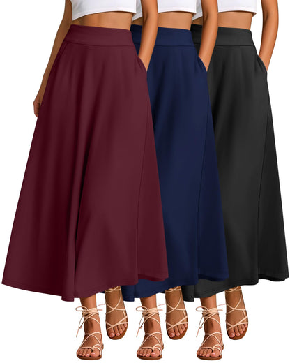 Ficerd 3 Pack Women's Maxi Long Skirts with Pockets, A Line Ankle Length High Waisted Flowy Soft Summer Casual Skirts