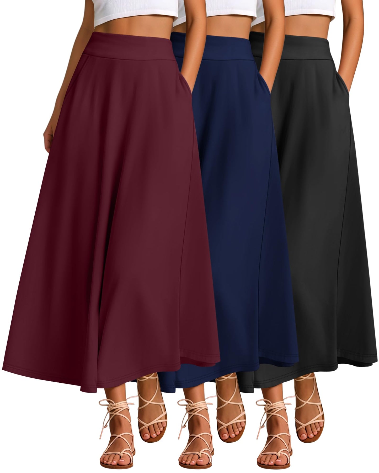 Ficerd 3 Pack Women's Maxi Long Skirts with Pockets, A Line Ankle Length High Waisted Flowy Soft Summer Casual Skirts