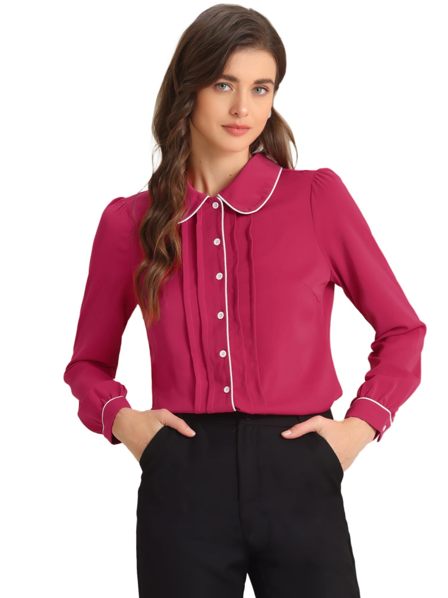 Allegra K Women's Peter Pan Collar Shirt Long Sleeve Elegant Button Down Work Blouse