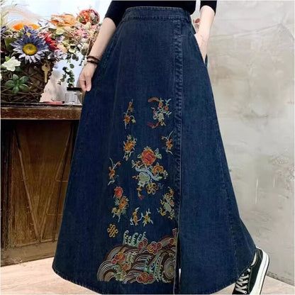 Embroidered Floral High Waisted Denim Skirt