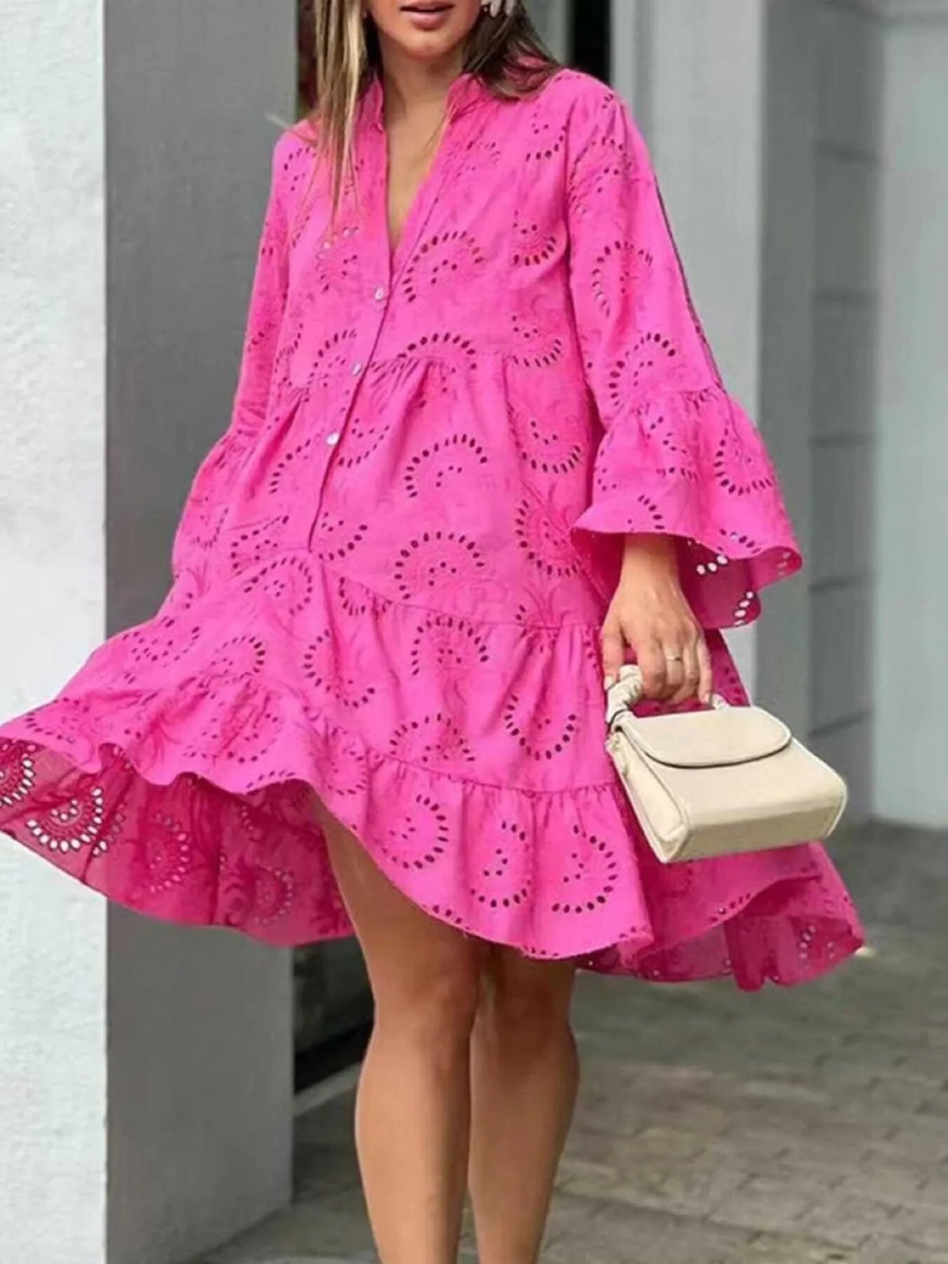 Eyelet Ruffled Hem Tiered Dress