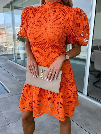 Lace Mock Neck Puff Sleeve Dress