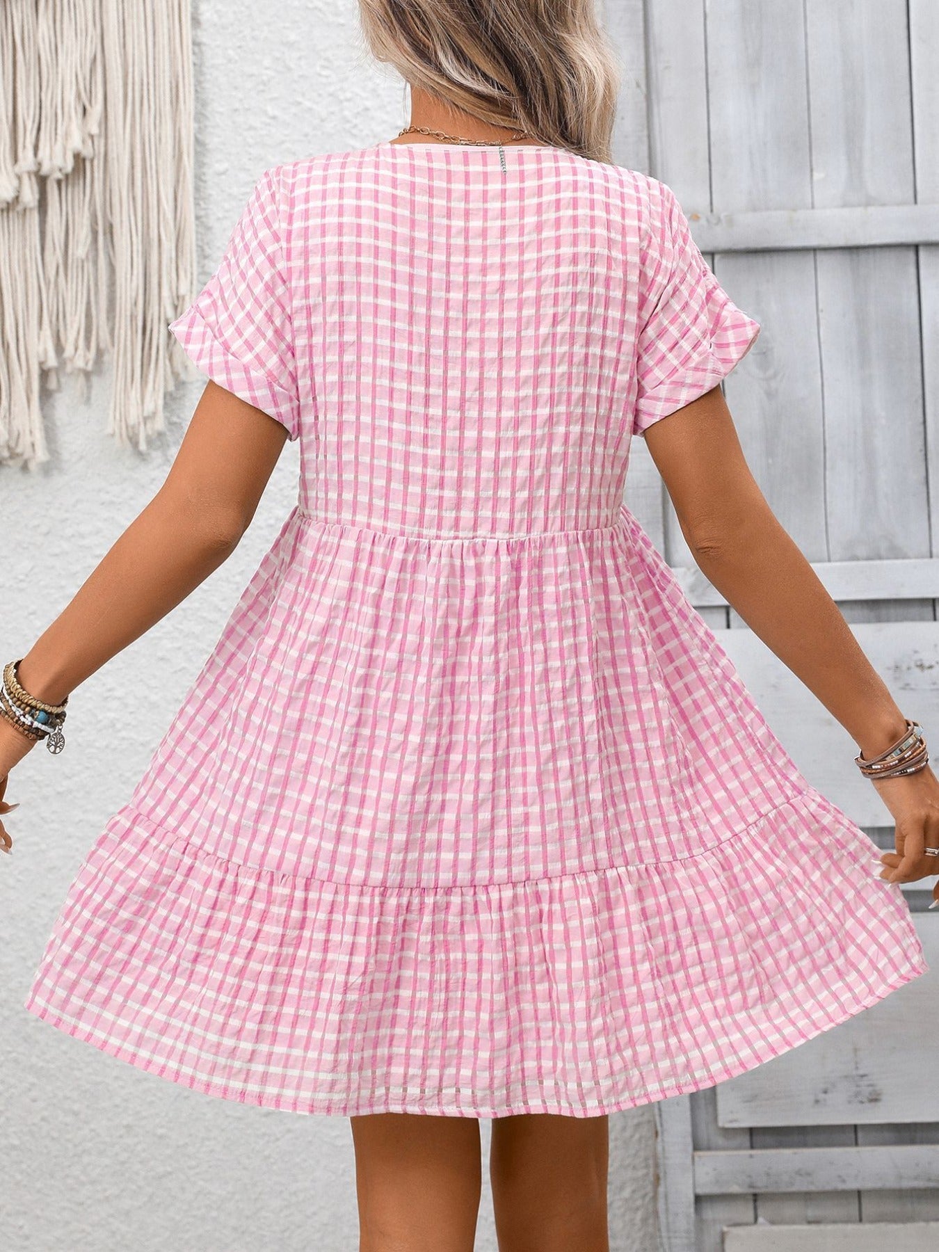 Plaid V-Neck Ruffle Hem Mini Dress