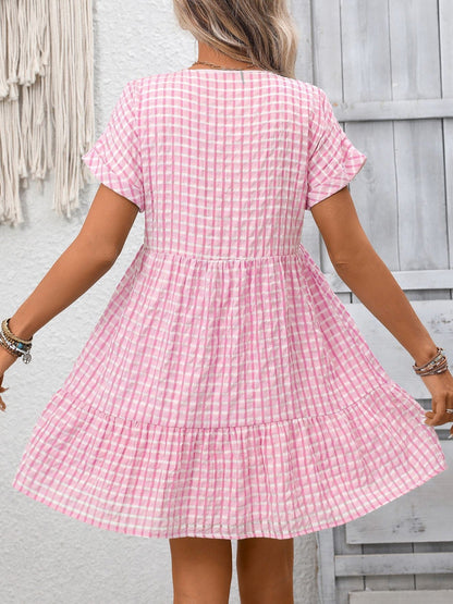 Plaid V-Neck Ruffle Hem Mini Dress